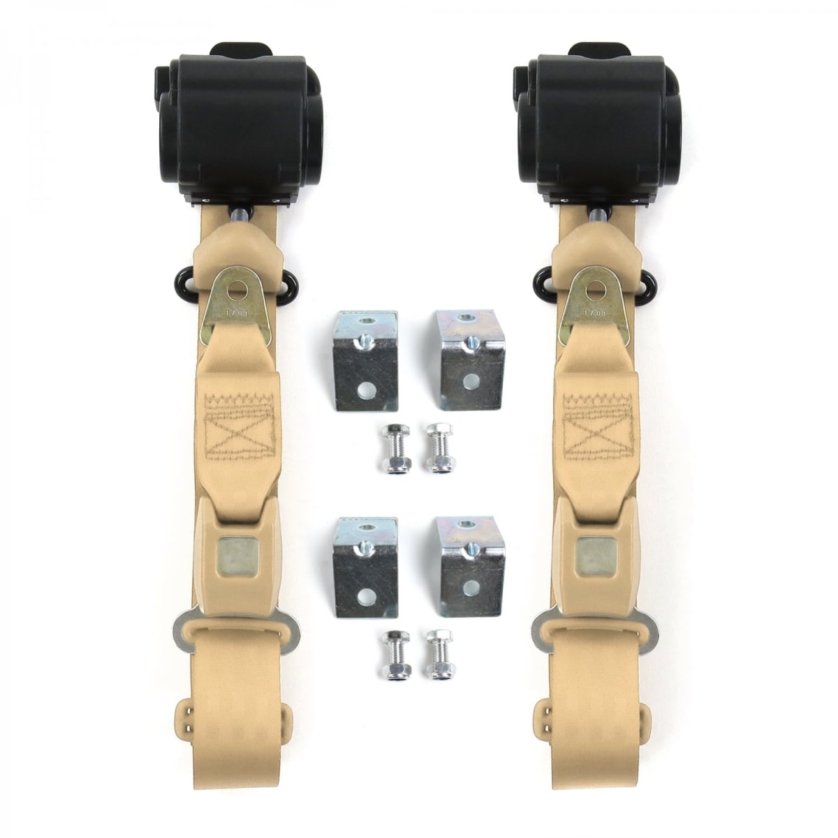 Ford 1933-1934 Model C Standard 3 Point Tan Retractable Bucket Seat Belt Kit with Bracketry - 2 Belts