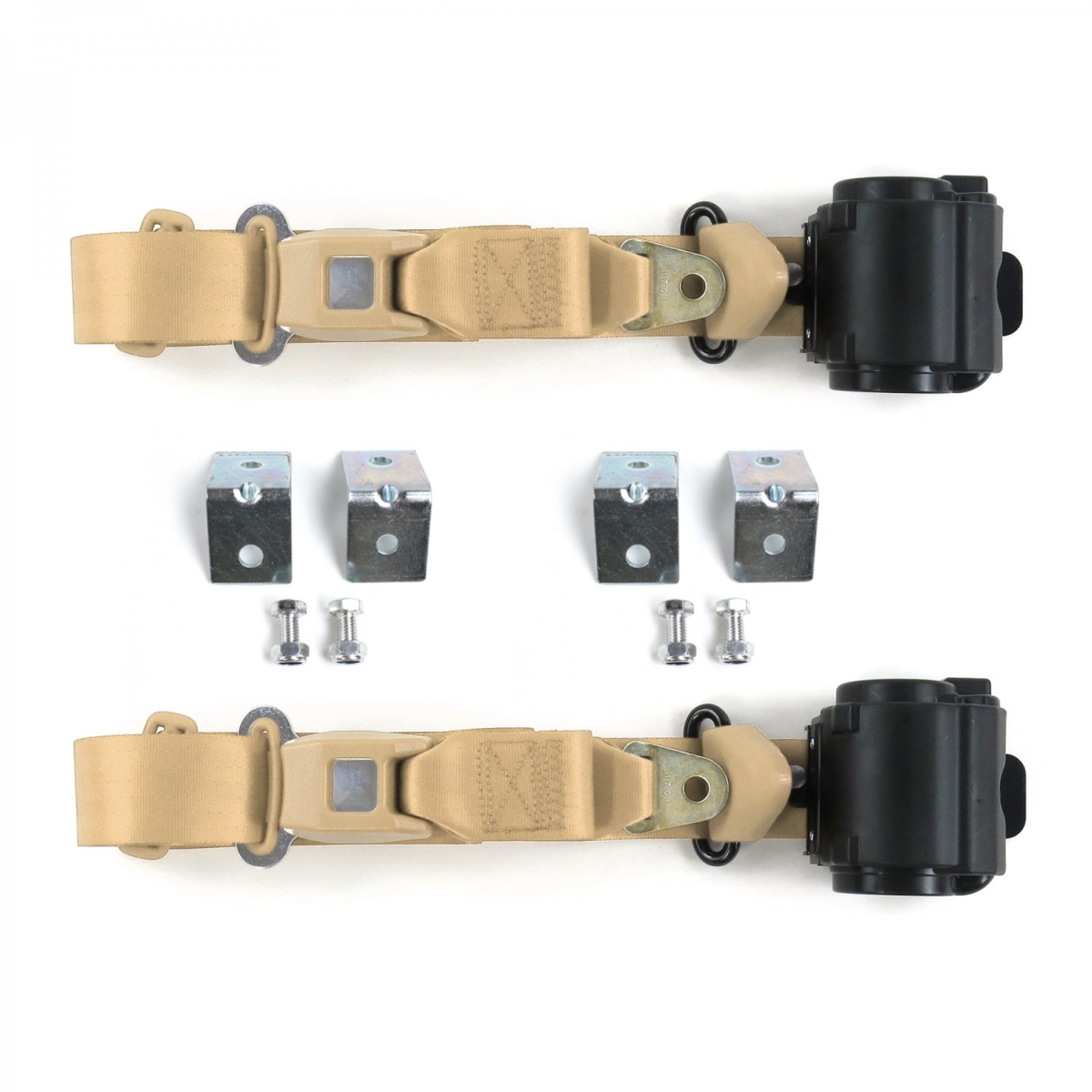 Jeep Commando 1966-1973 Standard 3 Point Tan Retractable Bucket Seat Belt Kit with Bracketry - 2 Belts