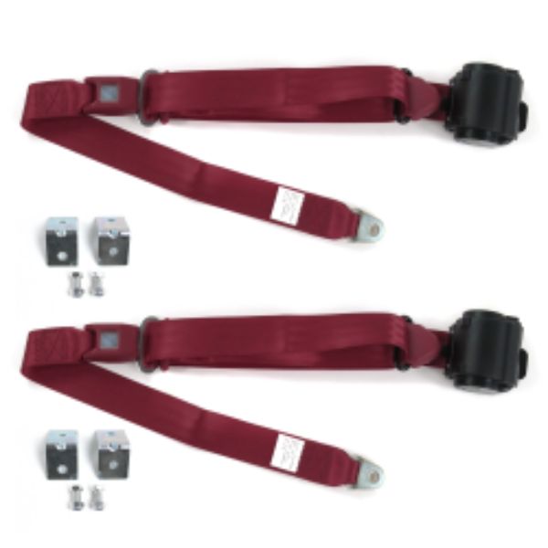Chevy Cavalier 1982-1994 Standard 3 Point Burgandy Retractable Bucket Seat Belt Kit with Bracketry - 2 Belts