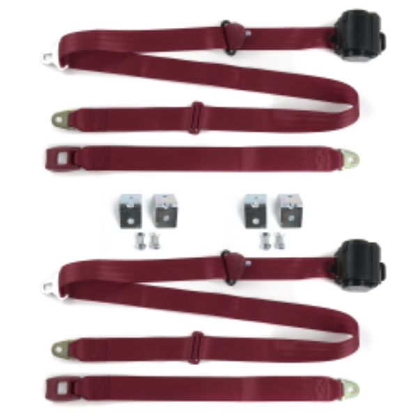 VW Type 2 Split 1949-1967 Standard 3 Point Burgandy Retractable Bucket Seat Belt Kit with Bracketry - 2 Belts