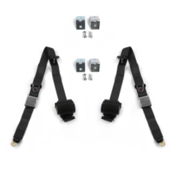 Ford 1932 Model B Airplane 3 Point Black Retractable Bucket Seat Belt Kit with Bracketry - 2 Belts