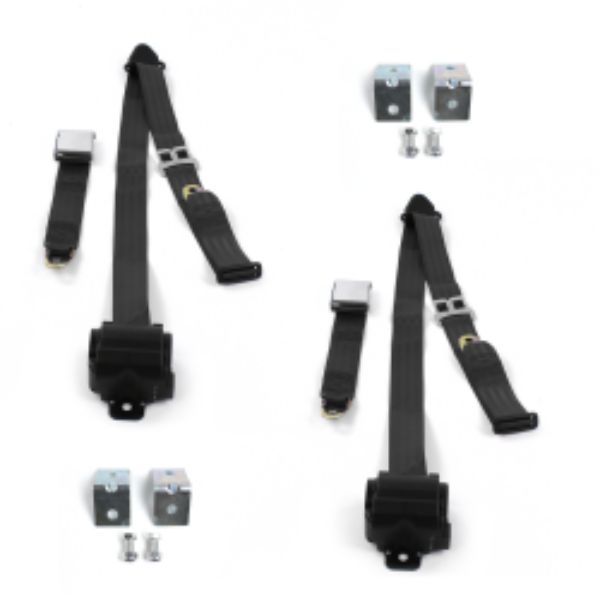 VW Type 1 Split 1947-1952 Airplane 3 Point Black Retractable Bucket Seat Belt Kit with Bracketry - 2 Belts