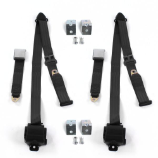 Chevy Nova 1975-1979 Airplane 3 Point Black Retractable Bucket Seat Belt Kit with Bracketry - 2 Belts
