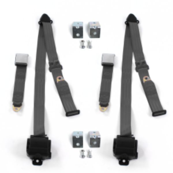 VW Type 1 Split 1947-1952 Airplane 3 Point Charcoal Retractable Bucket Seat Belt Kit with Bracketry - 2 Belts