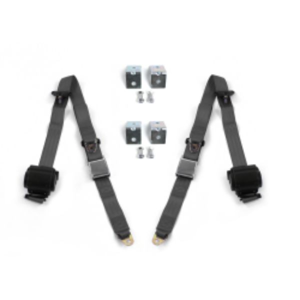 Chevy Impala 1958 Airplane 3 Point Charcoal Retractable Bucket Seat Belt Kit with Bracketry - 2 Belts