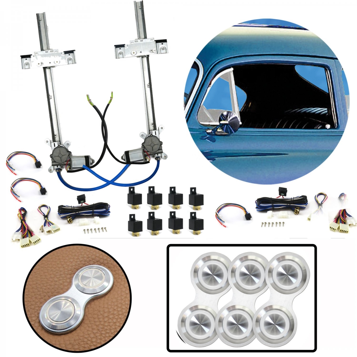 18535 2-Door Flat Glass Power Window Kit with 3 Retro Billet Switches - White Illumination
