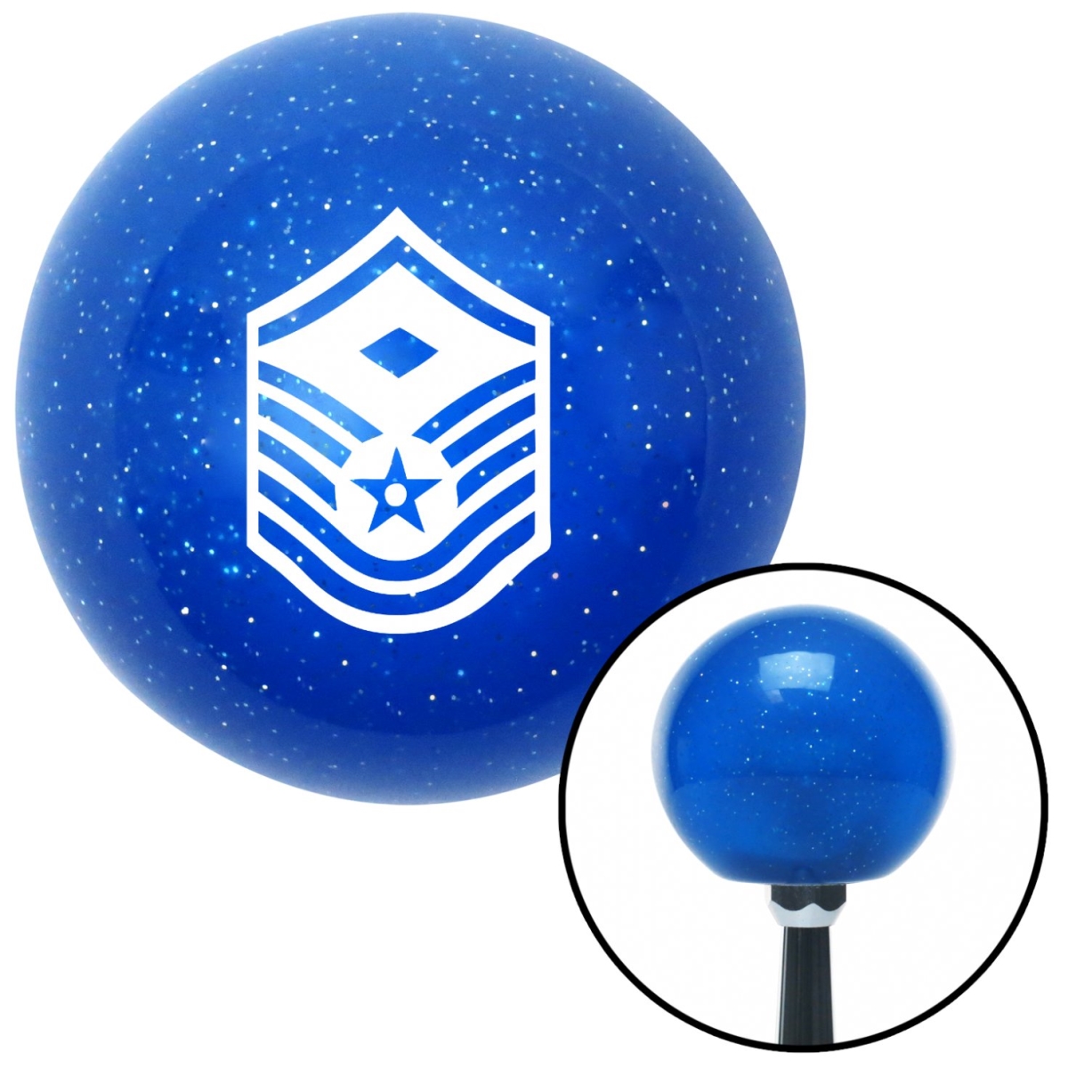 American Shifter 24498 White Master Sergeant First Sergeant Blue Metal Flake Shift Knob  M16 x 15 Insert