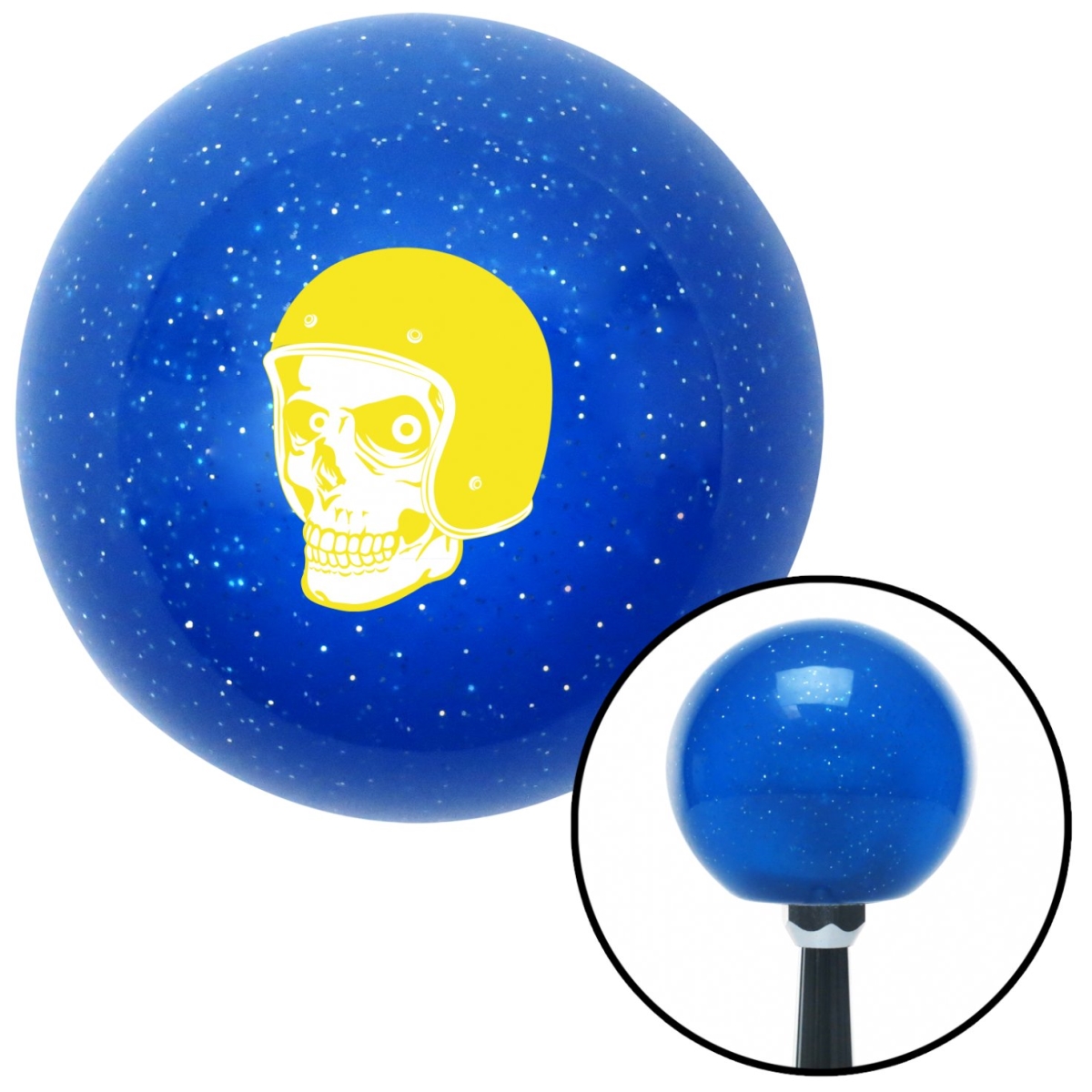 American Shifter 27973 Yellow Hellraiser Skull Blue Metal Flake Shift Knob with M16 x 1.5 Insert Shifter