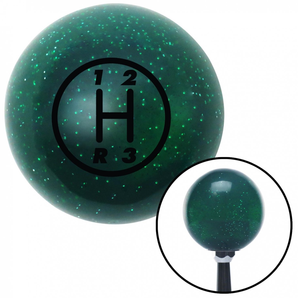 American Shifter 60405 Black 3 Speed Shift Pattern - 3RDL Green Metal Flake Shift Knob - M16 x 1.5 Insert