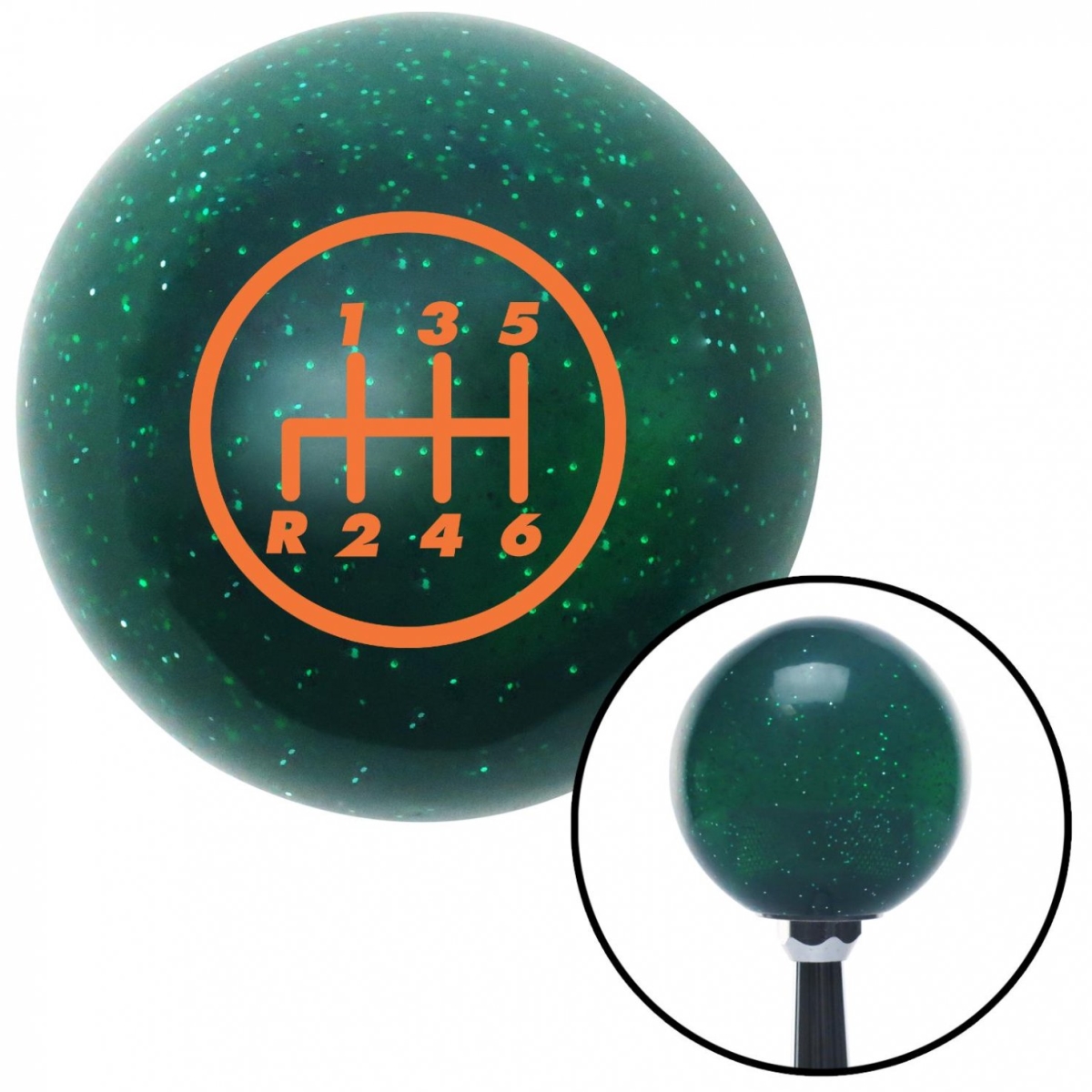 American Shifter 60686 Orange 6 Speed Shift Pattern - 6RDL Green Metal Flake Shift Knob - M16 x 1.5 Insert