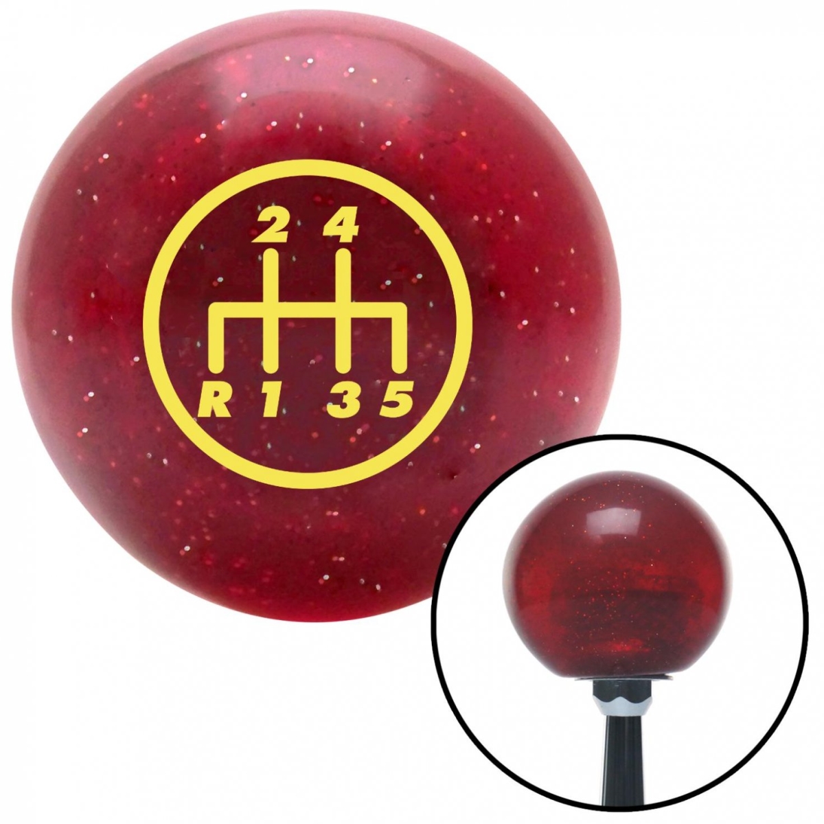 American Shifter 46609 Yellow 5 Speed Shift Pattern - 5DR-RDL Red Metal Flake Shift Knob - M16 x 1.5 Insert