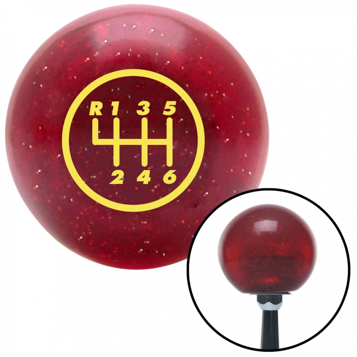 American Shifter 46738 Yellow 6 Speed Shift Pattern - 6RUL Red Metal Flake Shift Knob with M16 x 1.5 Insert