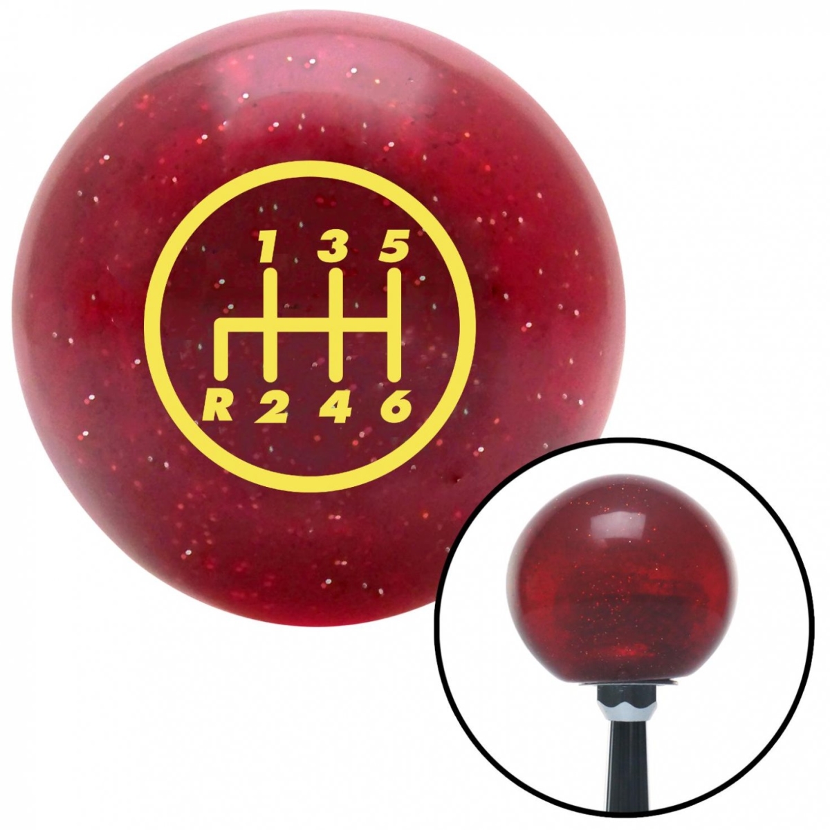 American Shifter 46706 Yellow 6 Speed Shift Pattern - 6RDL Red Metal Flake Shift Knob with M16 x 1.5 Insert