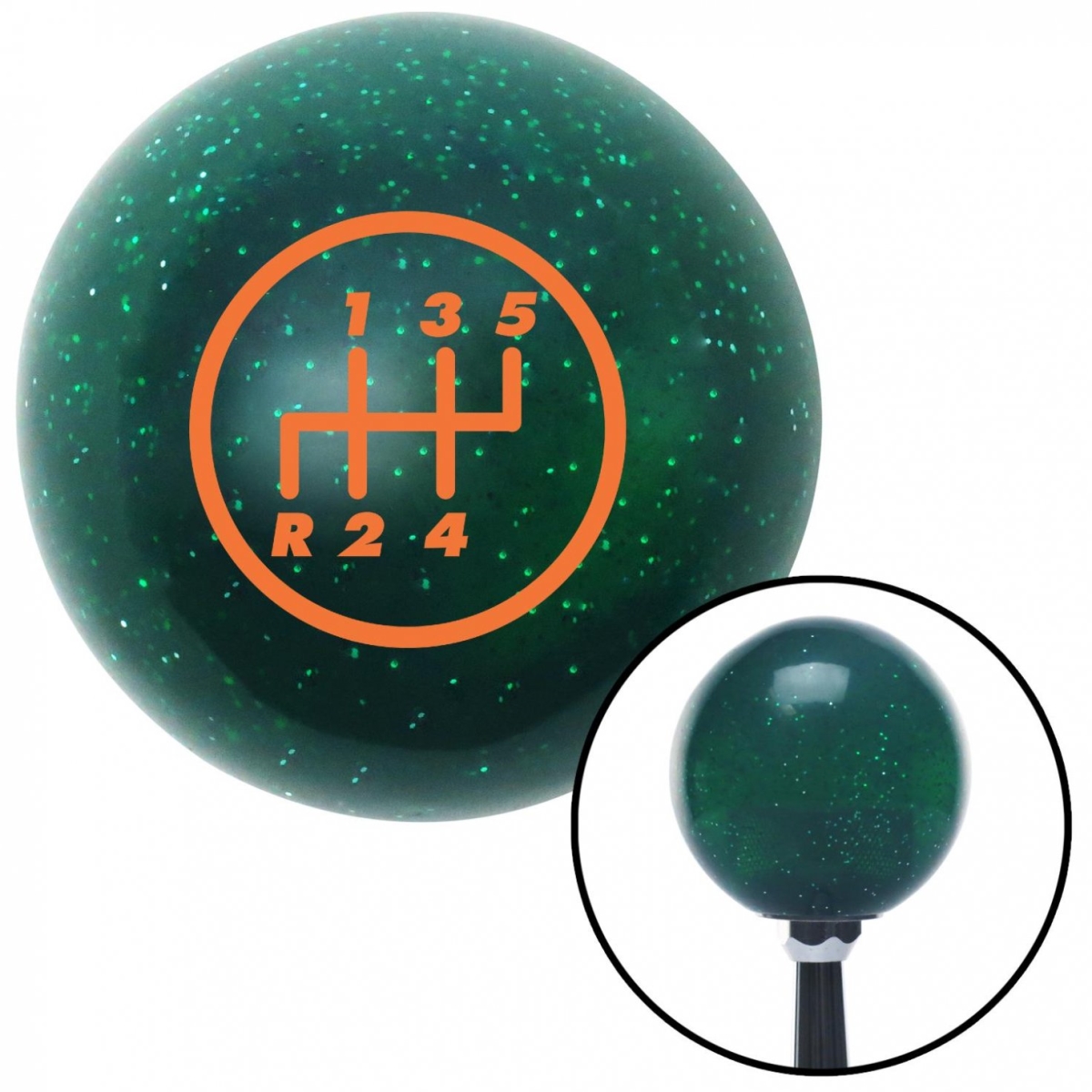 American Shifter 60562 Orange 5 Speed Shift Pattern - 5RDL Green Metal Flake Shift Knob - M16 x 1.5 Insert