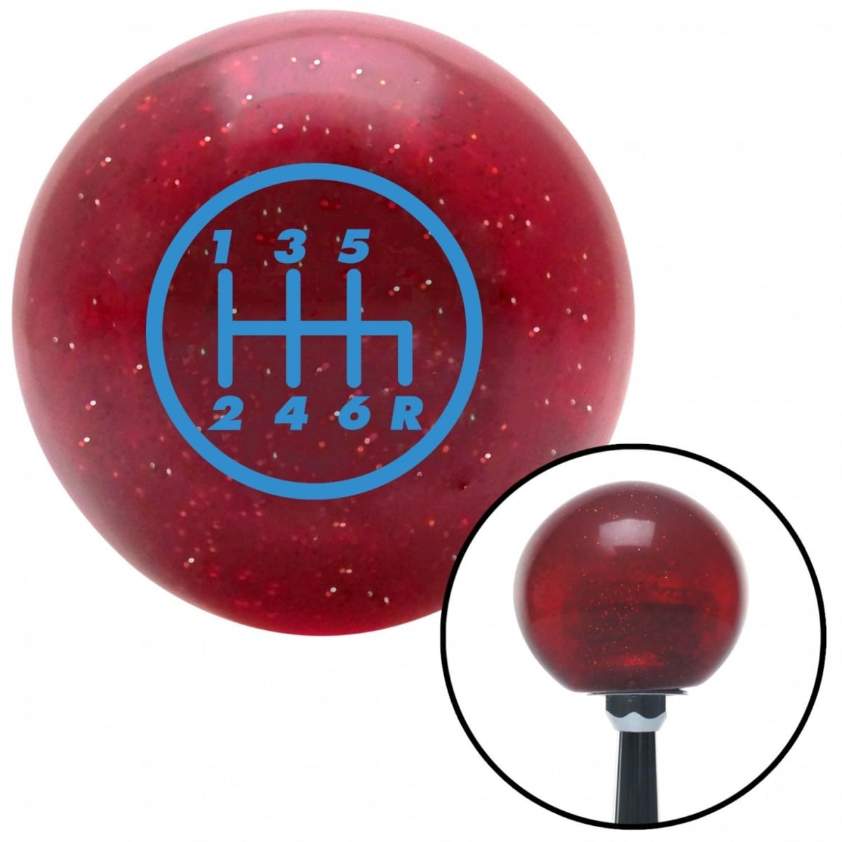 American Shifter 46710 Blue 6 Speed Shift Pattern - 6RDR Red Metal Flake Shift Knob with M16 x 1.5 Insert
