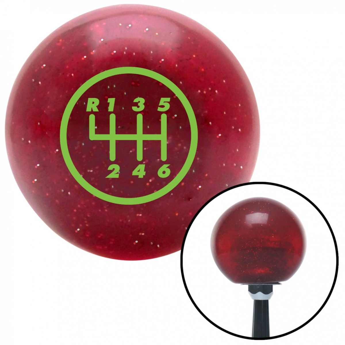 American Shifter 46728 Green 6 Speed Shift Pattern - 6RUL Red Metal Flake Shift Knob with M16 x 1.5 Insert