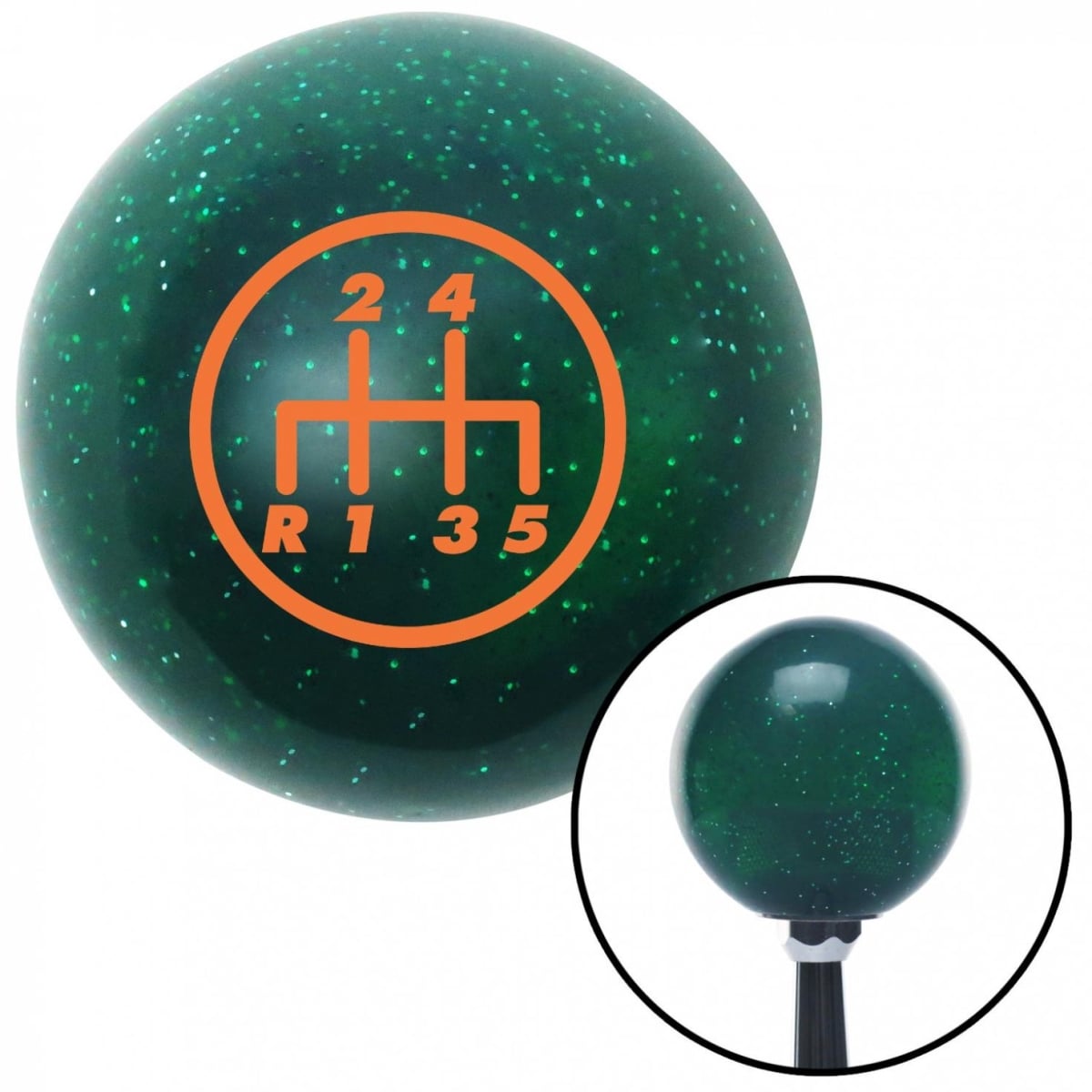 American Shifter 60553 Orange 5 Speed Shift Pattern - 5DR-RDL Green Metal Flake Shift Knob - M16 x 1.5 Insert Auto