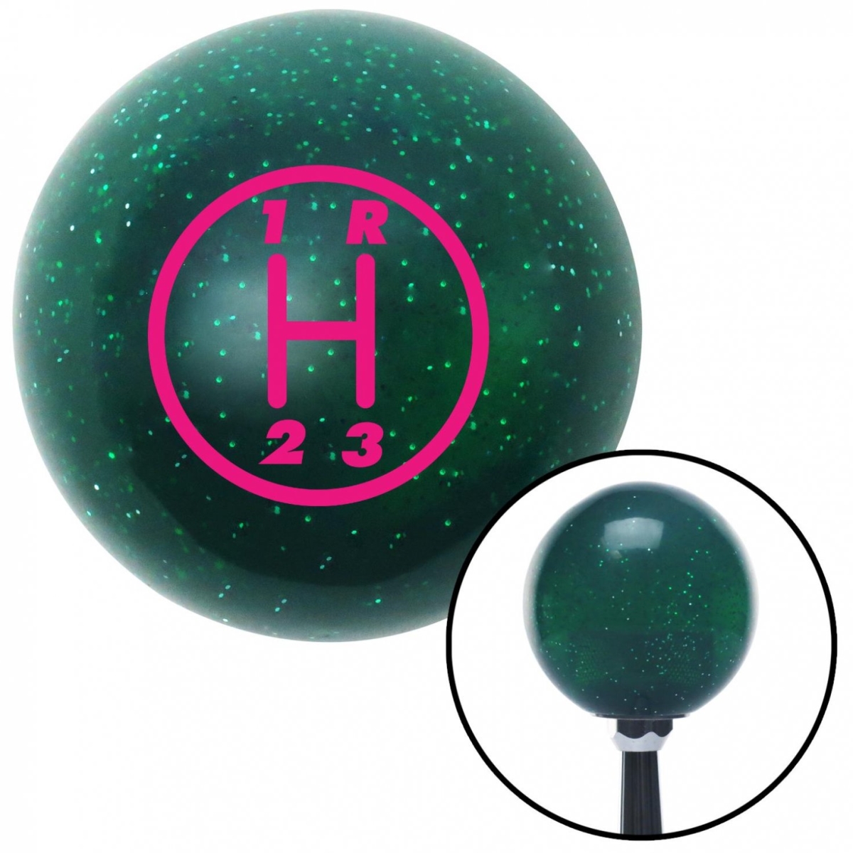 American Shifter 60428 Pink 3 Speed Shift Pattern - 3RUR Green Metal Flake Shift Knob with M16 x 1.5 Insert