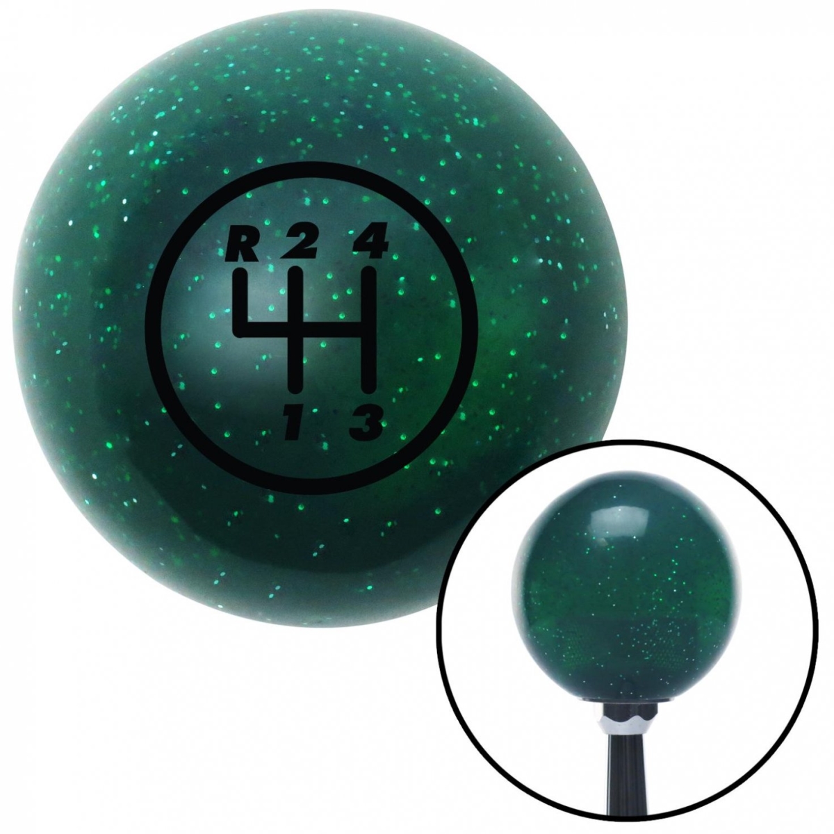 American Shifter 60482 Black 4 Speed Shift Pattern - 4RUL Green Metal Flake Shift Knob - M16 x 1.5 Insert