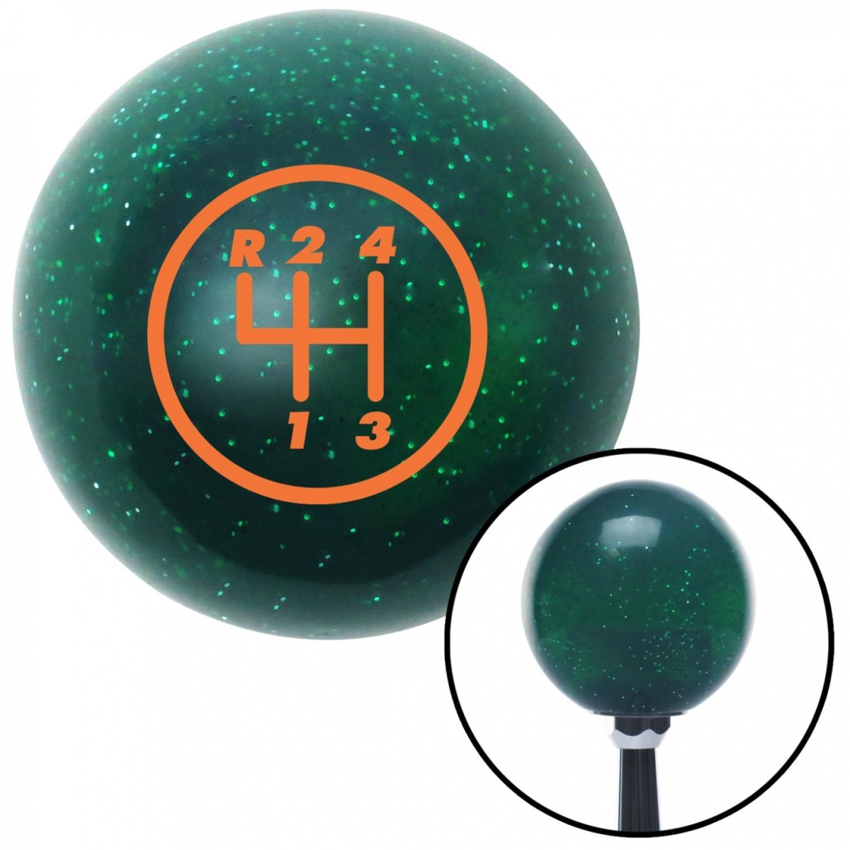 American Shifter 60488 Orange 4 Speed Shift Pattern - 4RUL Green Metal Flake Shift Knob - M16 x 1.5 Insert