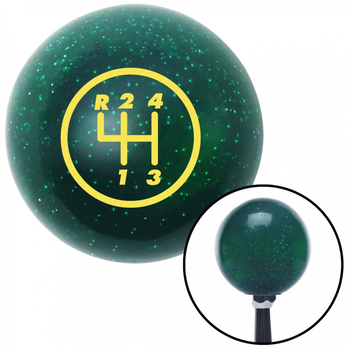 American Shifter 60496 Yellow 4 Speed Shift Pattern - 4RUL Green Metal Flake Shift Knob - M16 x 1.5 Insert
