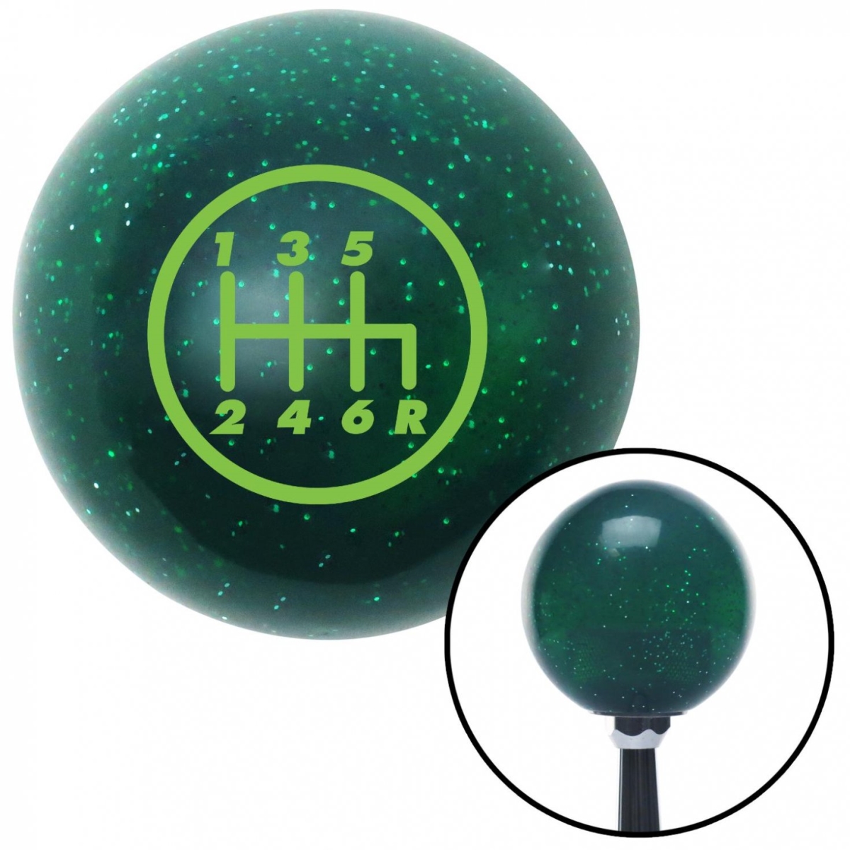 American Shifter 60700 Green 6 Speed Shift Pattern - 6RDR Green Metal Flake Shift Knob - M16 x 1.5 Insert