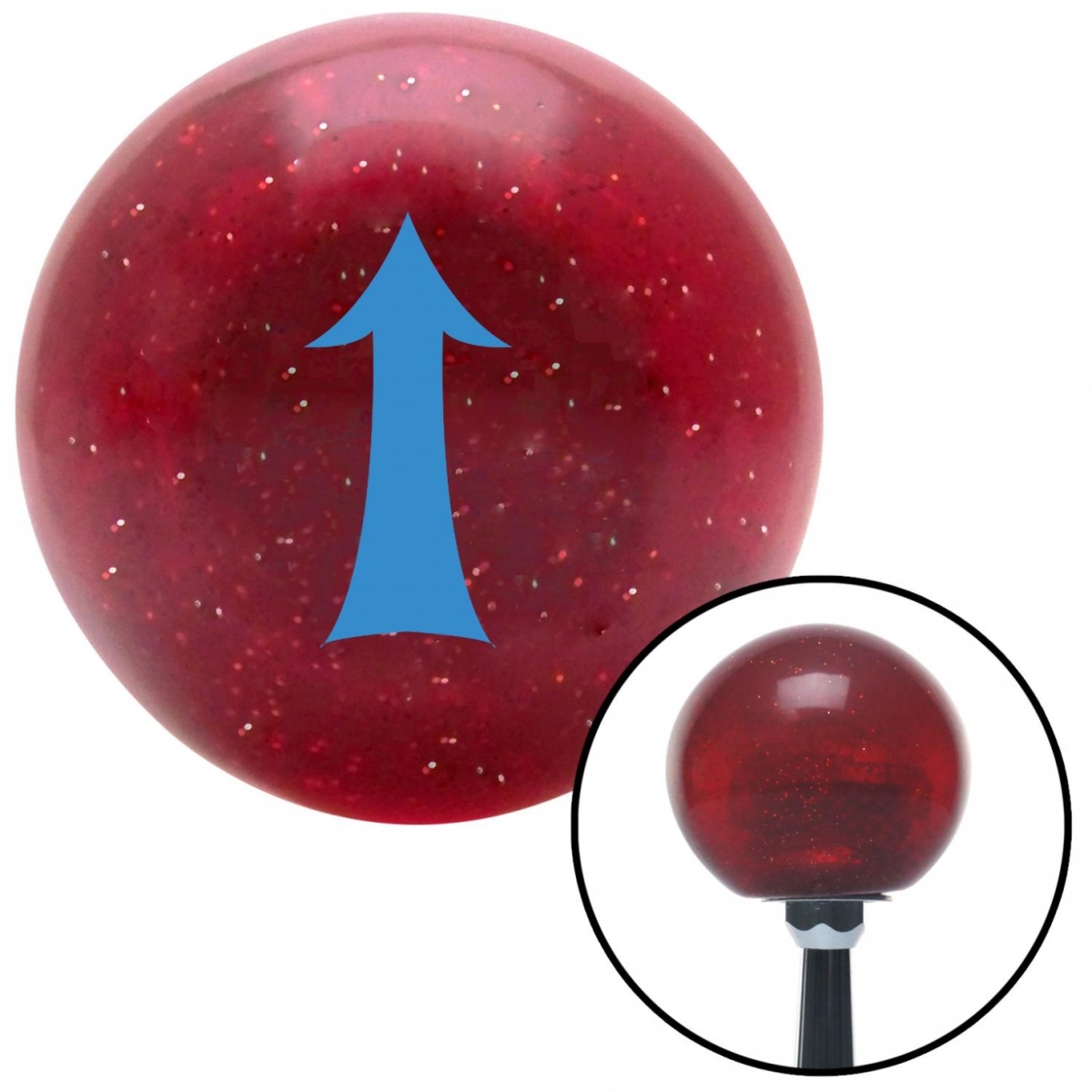 American Shifter 49084 Blue Fancy Solid Directional Arrow Up Red Metal Flake Shift Knob - M16 x 1.5 Insert