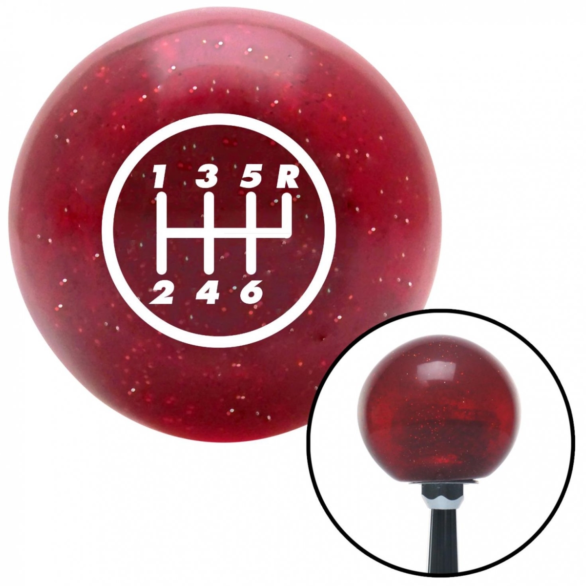 American Shifter 46752 White 6 Speed Shift Pattern - 6RUR Red Metal Flake Shift Knob with M16 x 1.5 Insert