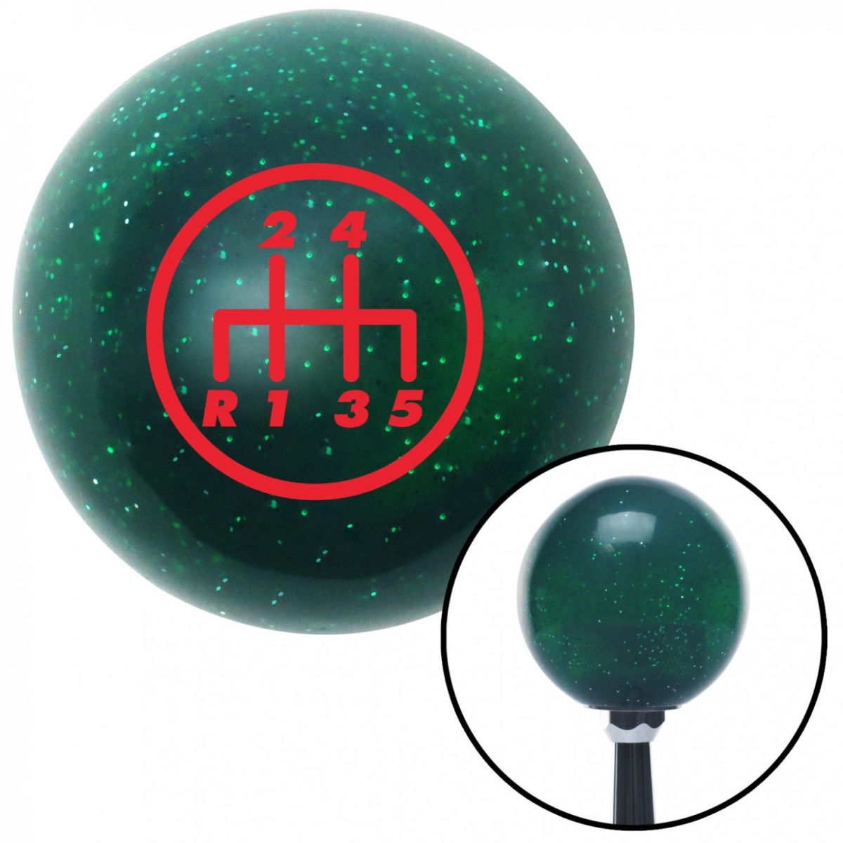 American Shifter 60555 Red 5 Speed Shift Pattern - 5DR-RDL Green Metal Flake Shift Knob - M16 x 1.5 Insert