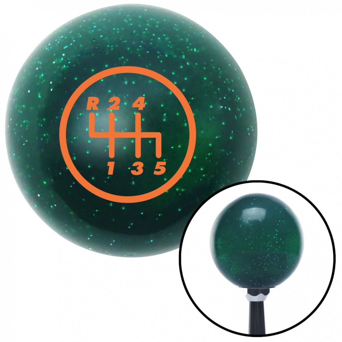 American Shifter 60590 Orange 5 Speed Shift Pattern - 5RUL Green Metal Flake Shift Knob - M16 x 1.5 Insert