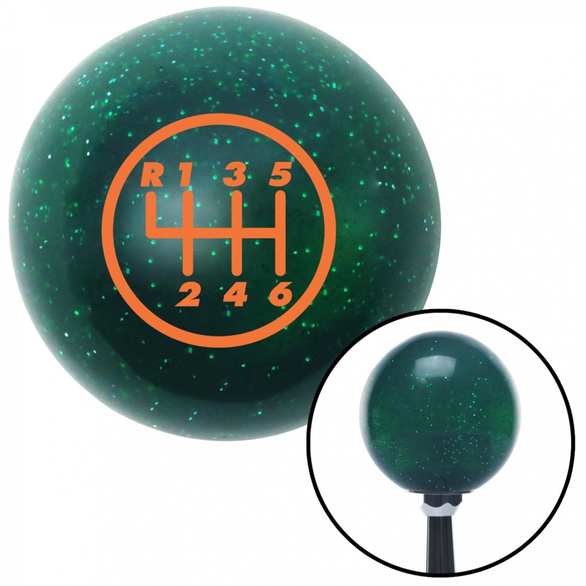 American Shifter 60674 Orange 6 Speed Shift Pattern - 6DR-RUL Green Metal Flake Shift Knob - M16 x 1.5 Insert Auto