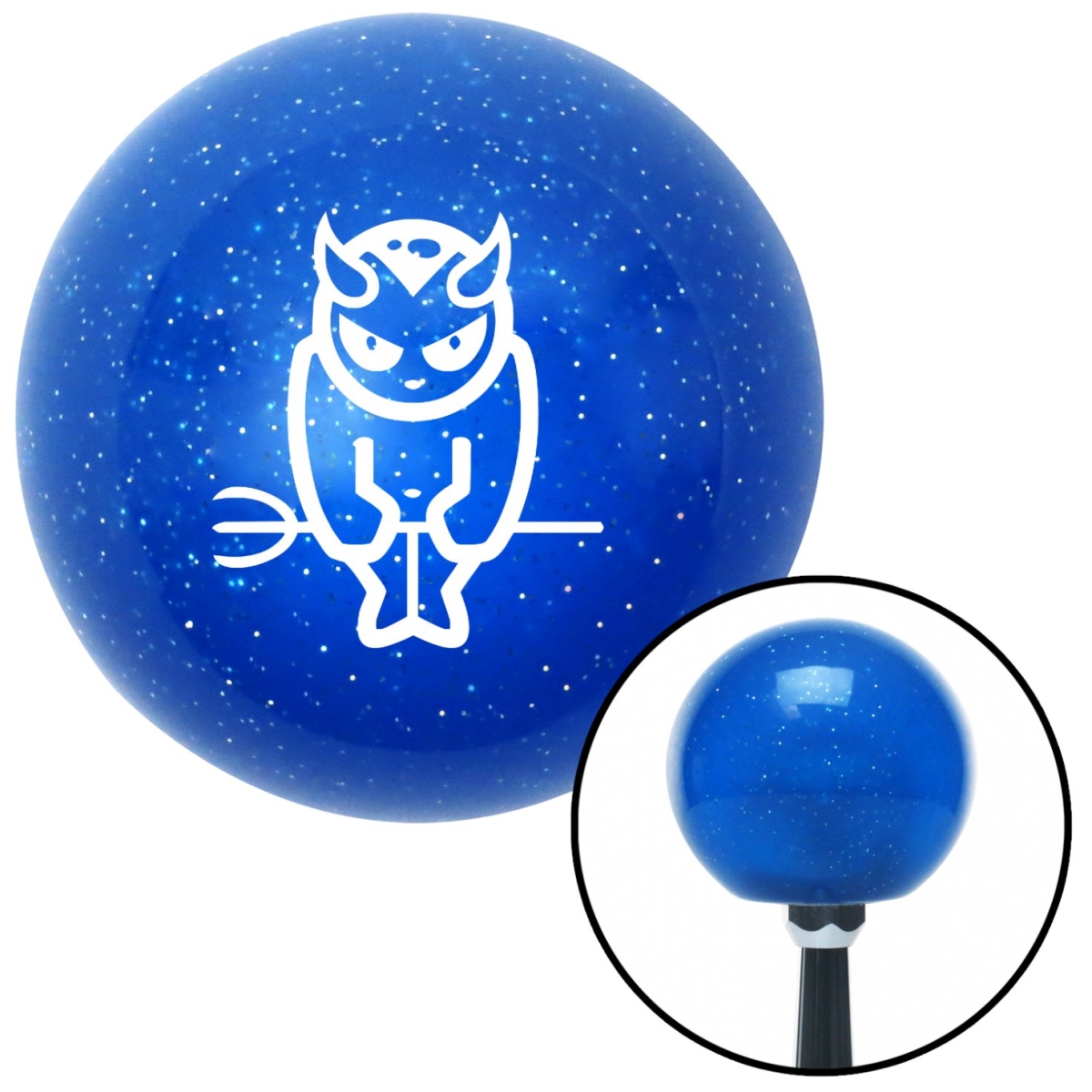 American Shifter 24944 White Devil Holding a Pitch Fork Blue Metal Flake Shift Knob with M16 x 1.5 Insert