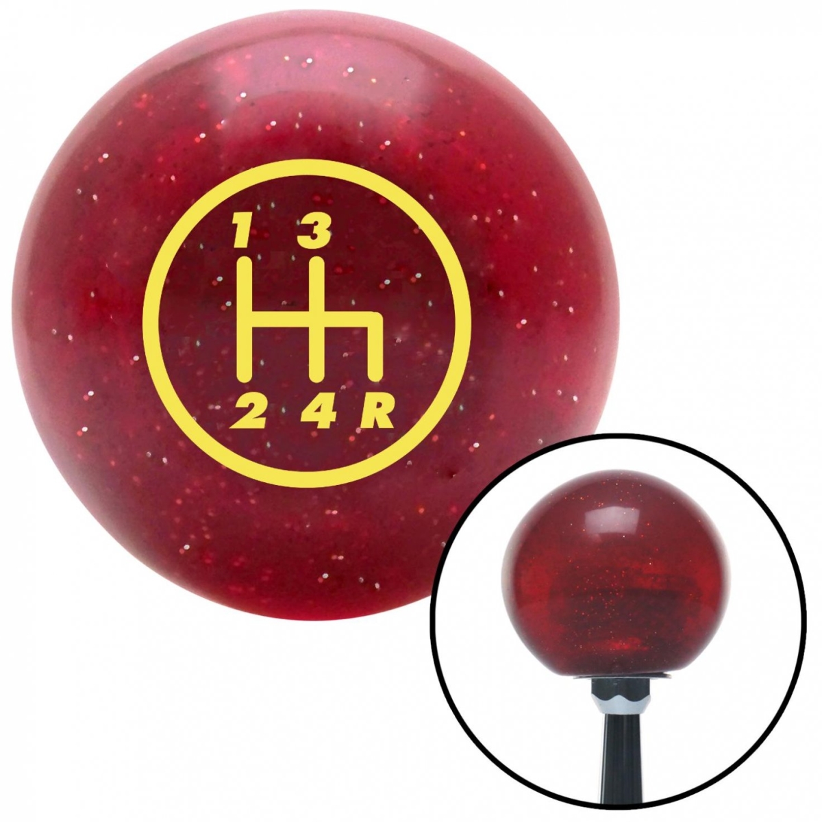 American Shifter 46532 Yellow 4 Speed Shift Pattern - 4RDR Red Metal Flake Shift Knob with M16 x 1.5 Insert