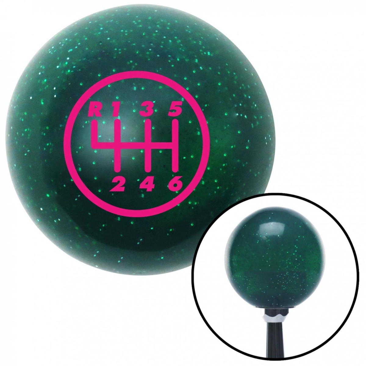 Picture of American Shifter 60675 Pink 6 Speed Shift Pattern - 6DR-RUL Green Metal Flake Shift Knob - M16 x 1.5 Insert