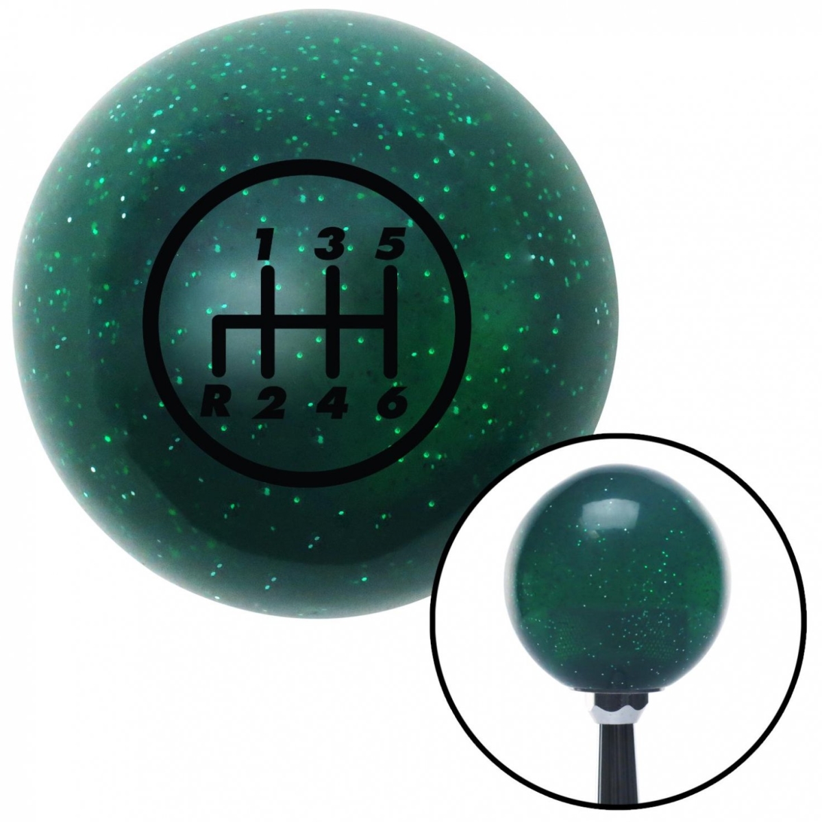 Picture of American Shifter 60680 Black 6 Speed Shift Pattern - 6RDL Green Metal Flake Shift Knob - M16 x 1.5 Insert