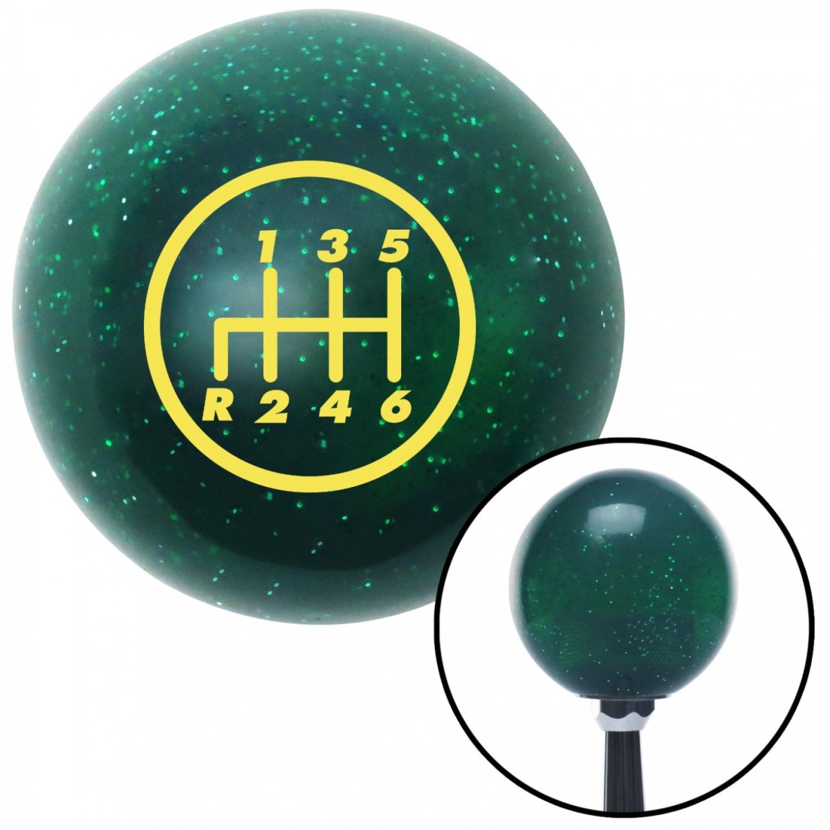 Picture of American Shifter 60694 Yellow 6 Speed Shift Pattern - 6RDL Green Metal Flake Shift Knob - M16 x 1.5 Insert