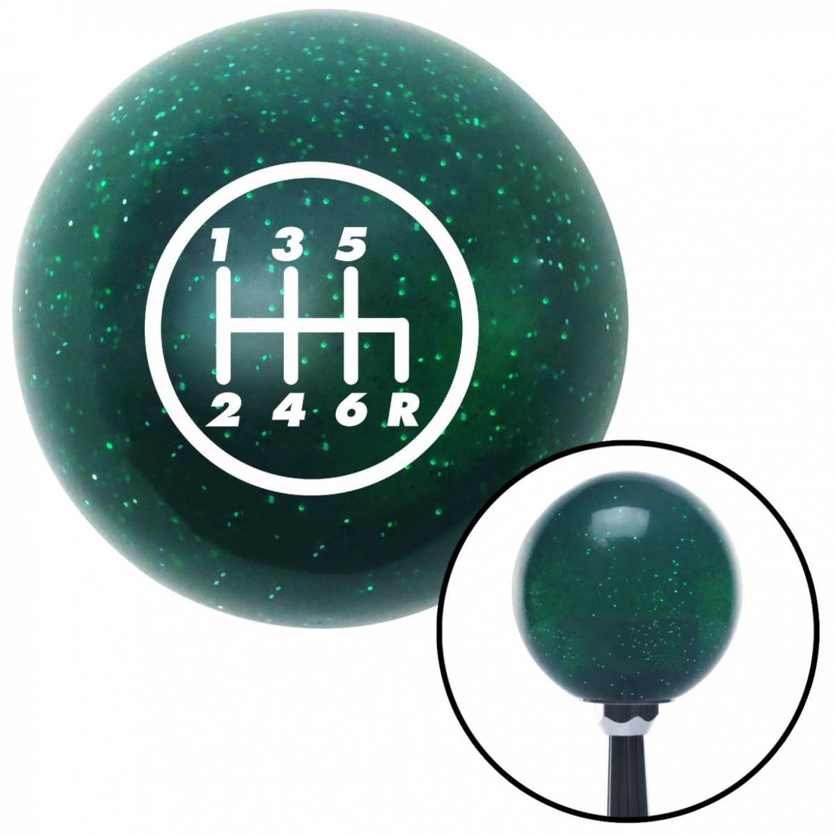 Picture of American Shifter 60708 White 6 Speed Shift Pattern - 6RDR Green Metal Flake Shift Knob - M16 x 1.5 Insert