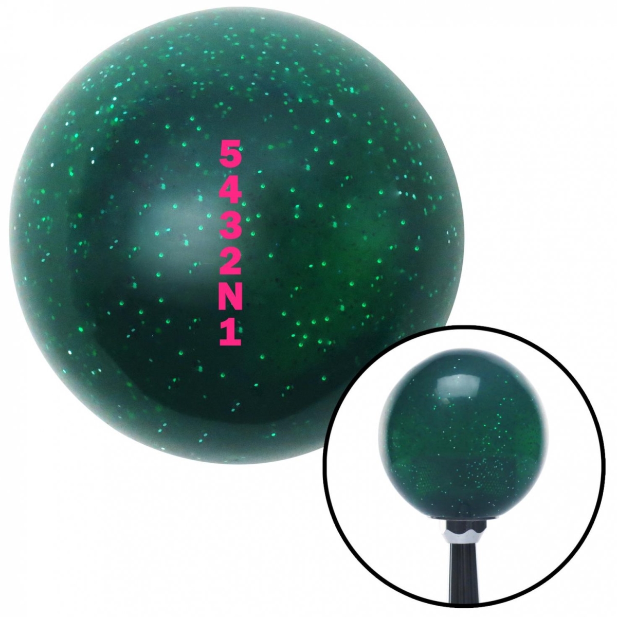 Picture of American Shifter 60657 Pink 5432N1 Shift Pattern Green Metal Flake Shift Knob with M16 x 1.5 Insert Auto