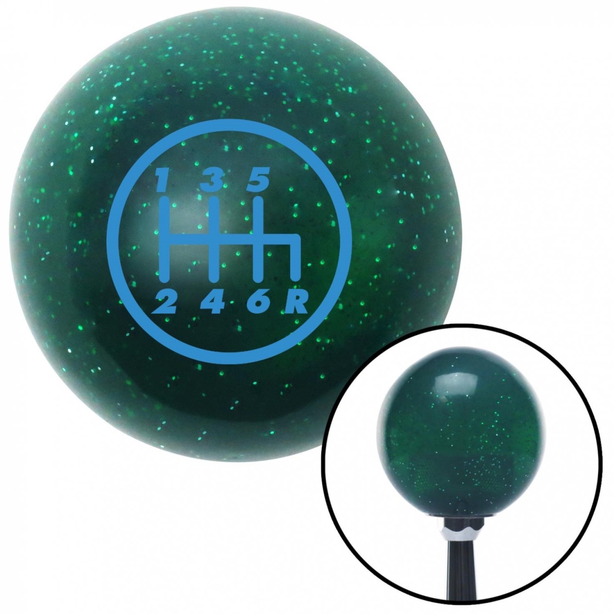 Picture of American Shifter 60698 Blue 6 Speed Shift Pattern - 6RDR Green Metal Flake Shift Knob with M16 x 1.5 Insert