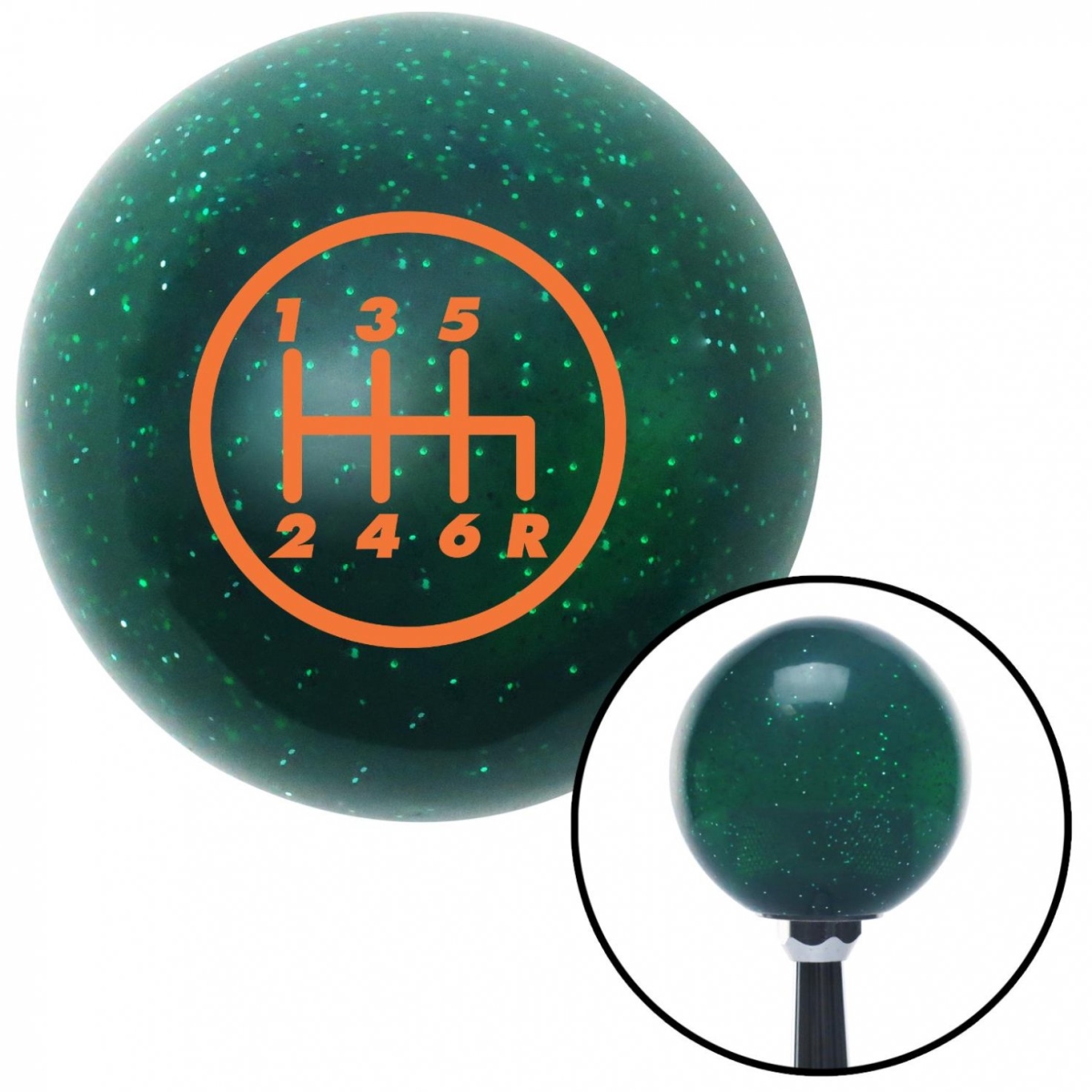 Picture of American Shifter 60702 Orange 6 Speed Shift Pattern - 6RDR Green Metal Flake Shift Knob - M16 x 1.5 Insert