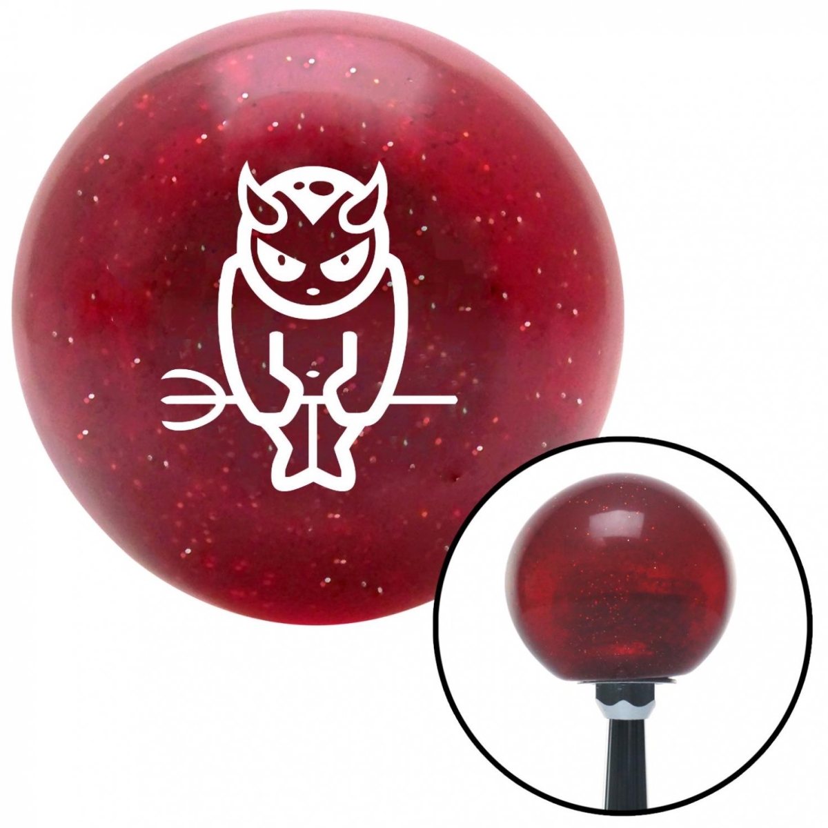 American Shifter 54301 White Devil Holding a Pitch Fork Red Metal Flake Shift Knob with M16 x 1.5 Insert