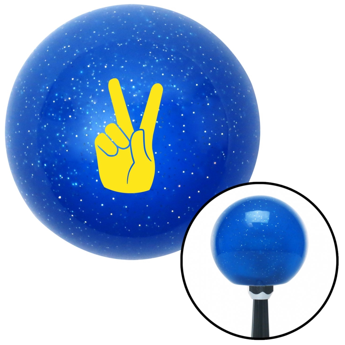 American Shifter 23675 Yellow Hand Making Peace Sign Blue Metal Flake Shift Knob with M16 x 1.5 Insert