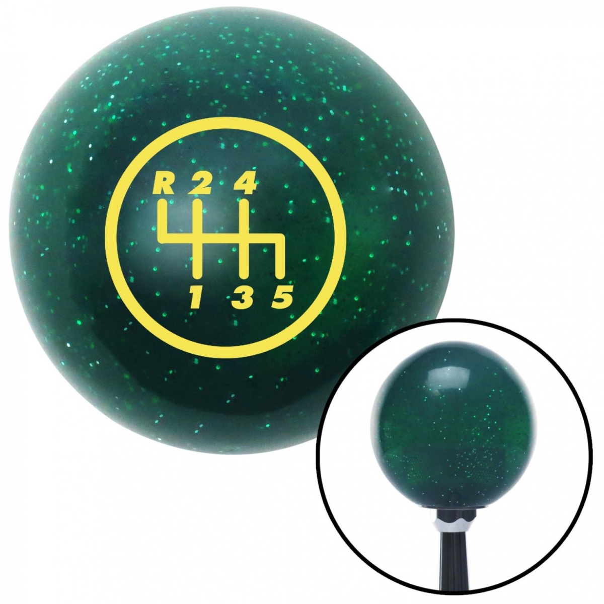 American Shifter 60598 Yellow 5 Speed Shift Pattern - 5RUL Green Metal Flake Shift Knob - M16 x 1.5 Insert