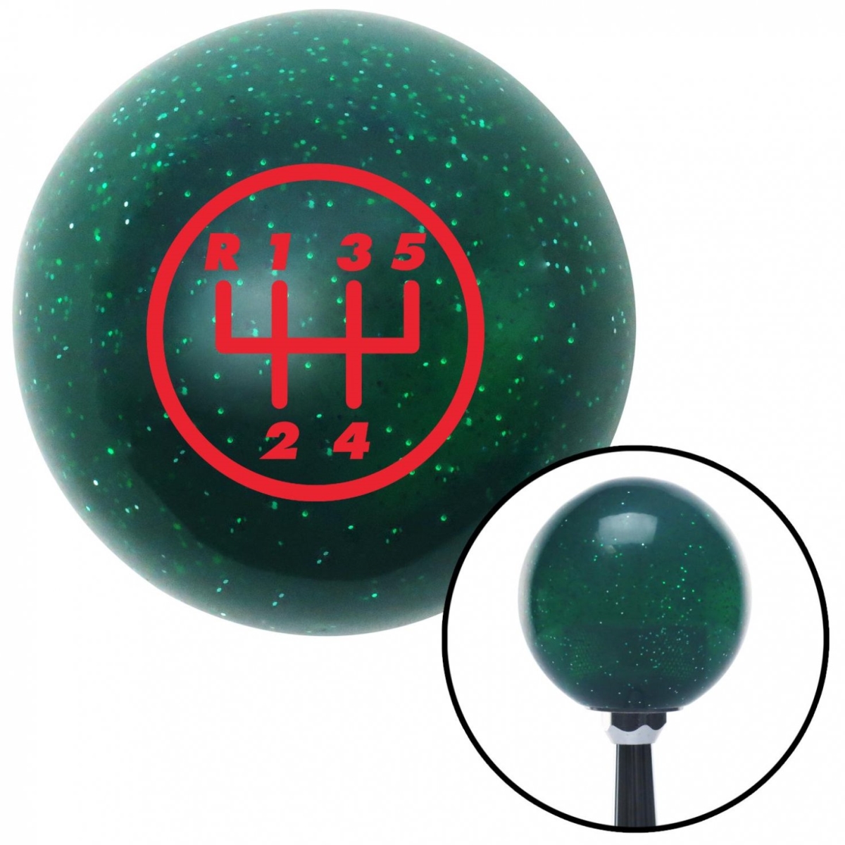American Shifter 60630 Red 5 Speed Shift Pattern - 5UR-RUL Green Metal Flake Shift Knob - M16 x 1.5 Insert