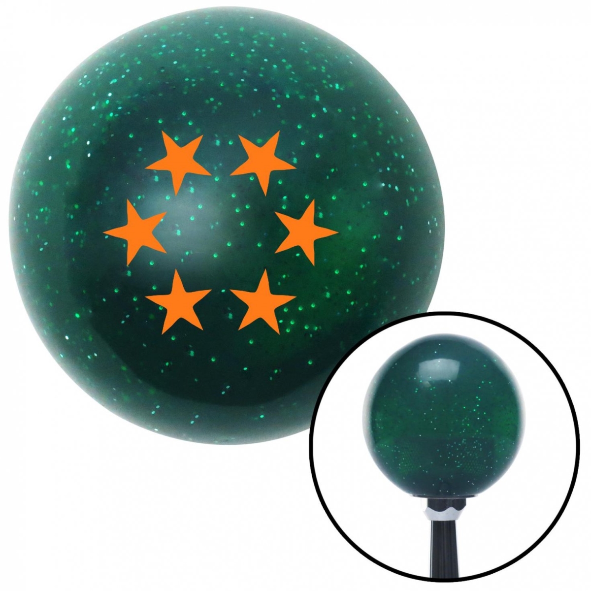Picture of American Shifter 60644 Orange 5 Stars in Circle Green Metal Flake Shift Knob with M16 x 1.5 Insert Shifter