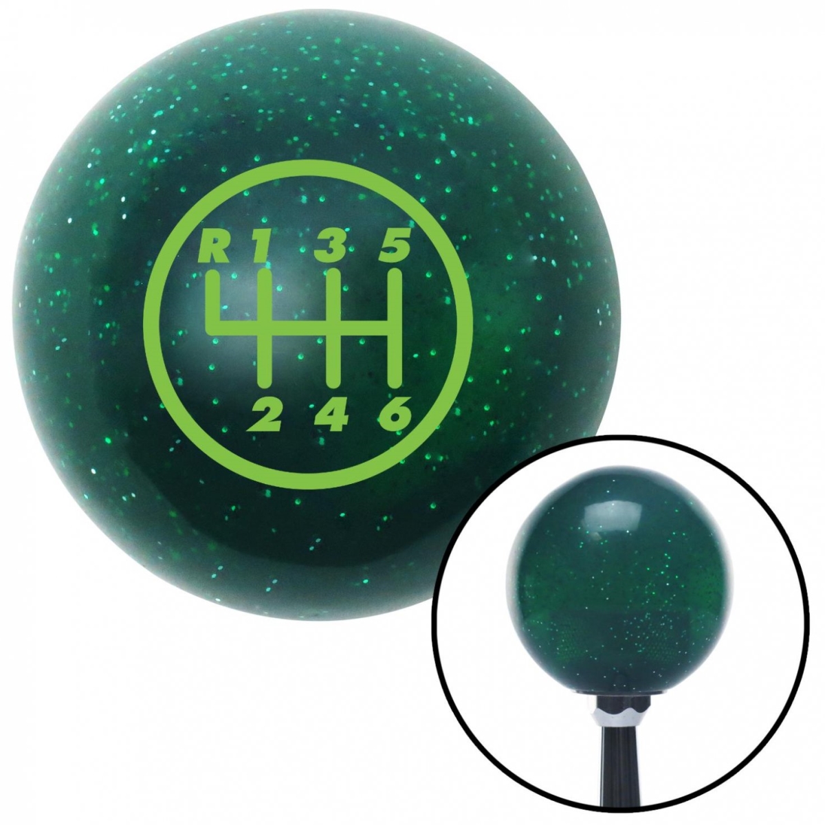 Picture of American Shifter 60673 Green 6 Speed Shift Pattern - 6DR-RUL Green Metal Flake Shift Knob - M16 x 1.5 Insert Auto