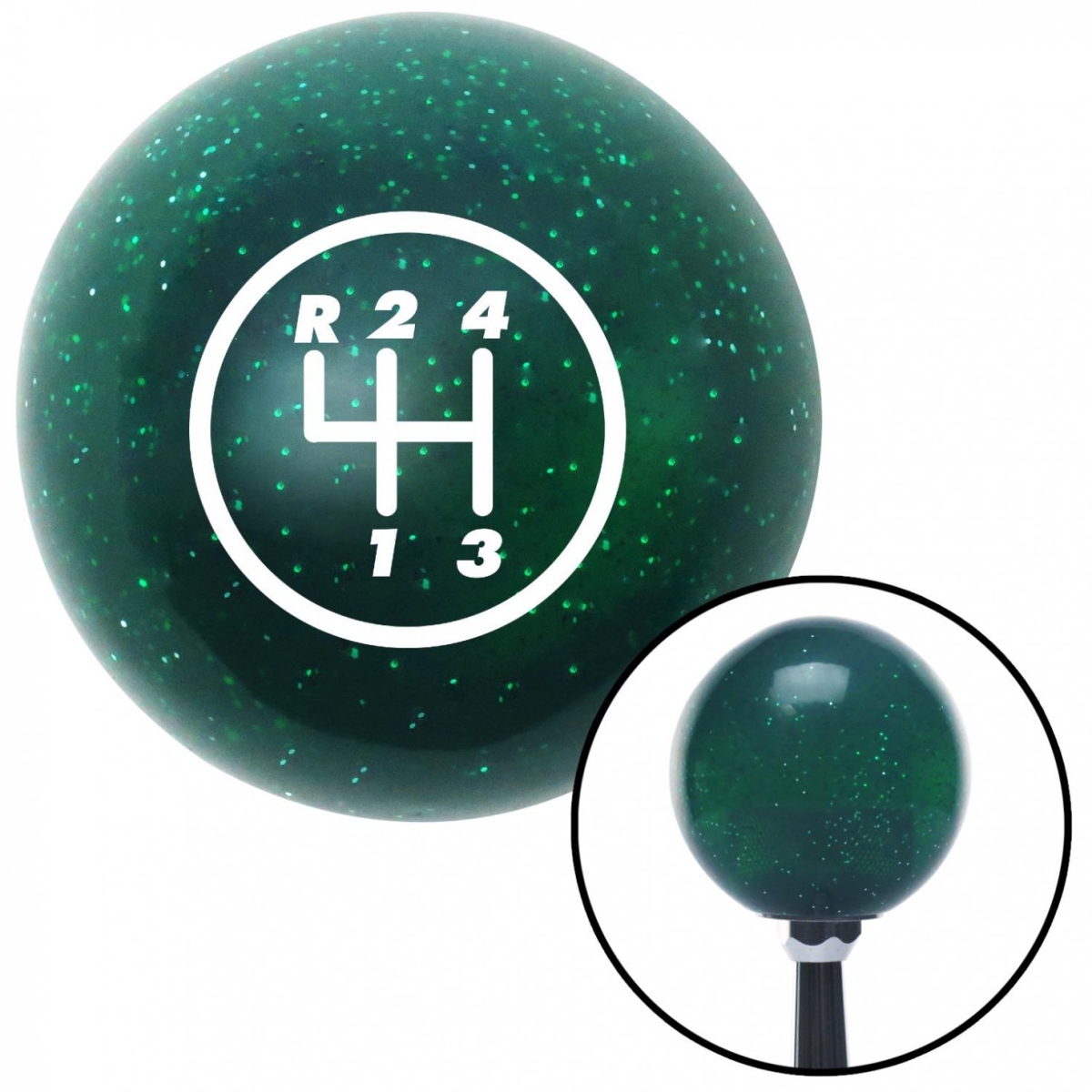American Shifter 60494 White 4 Speed Shift Pattern - 4RUL Green Metal Flake Shift Knob - M16 x 1.5 Insert