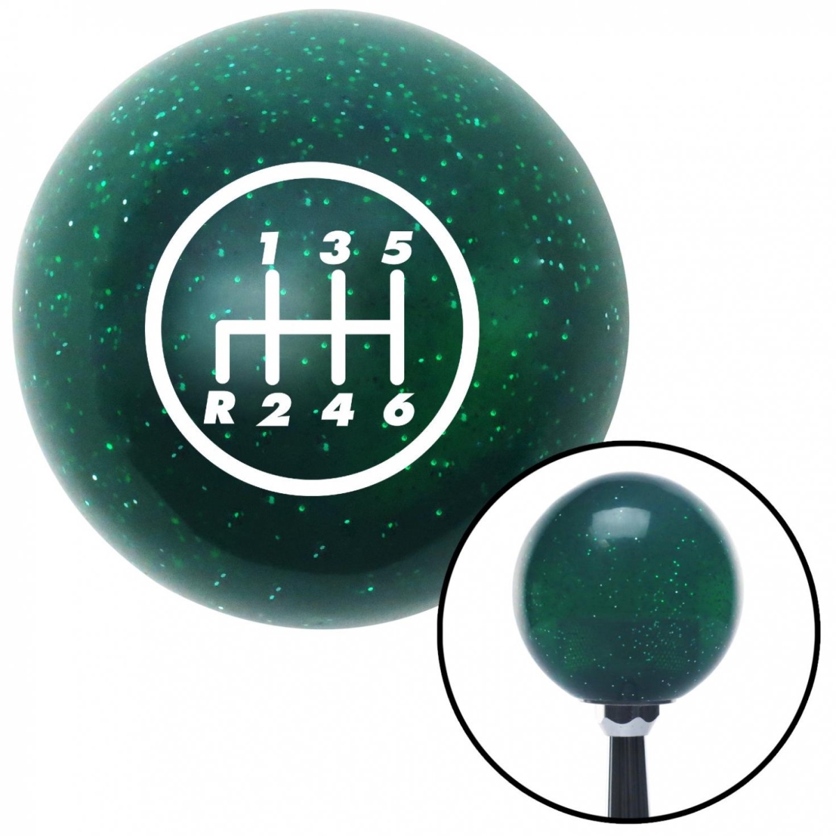 Picture of American Shifter 60692 White 6 Speed Shift Pattern - 6RDL Green Metal Flake Shift Knob - M16 x 1.5 Insert
