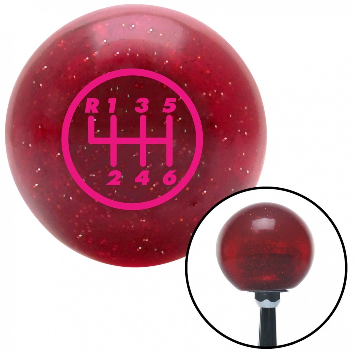 American Shifter 46687 Pink 6 Speed Shift Pattern - 6DR-RUL Red Metal Flake Shift Knob - M16 x 1.5 Insert