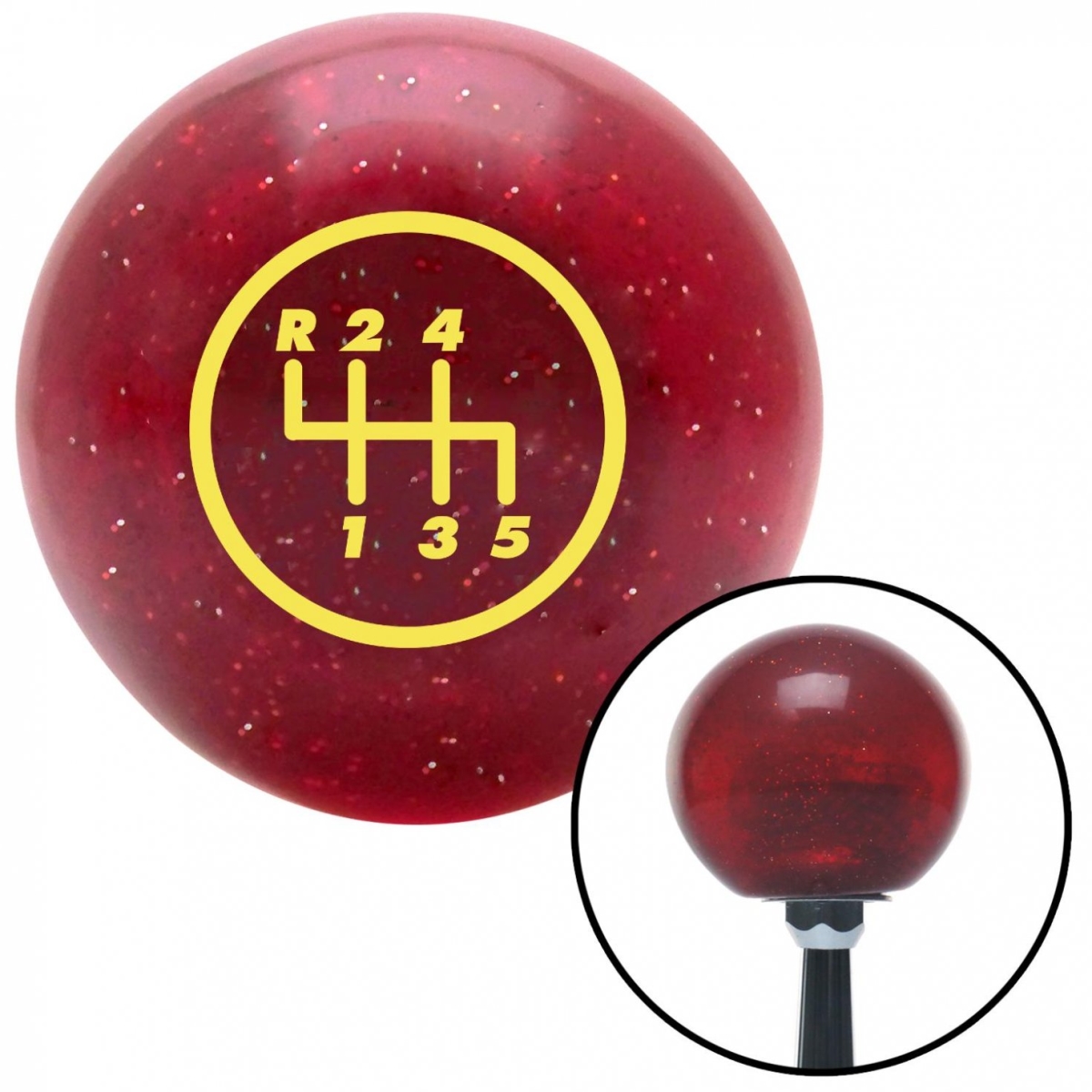 American Shifter 46636 Yellow 5 Speed Shift Pattern - 5RUL Red Metal Flake Shift Knob with M16 x 1.5 Insert